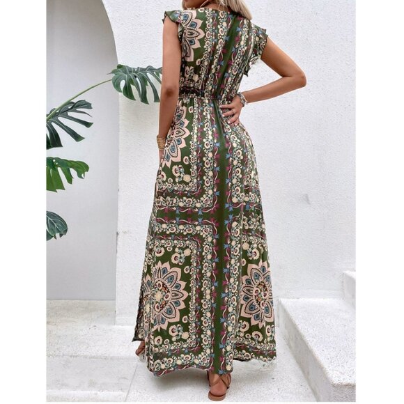 Boho Floral Print Flutter Sleeve Slit Thigh Dress - Picture 3 of 8